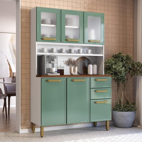 Cozinha Compacta de Aço 6 Portas 3 Vidros 2 Gavetas Bertolini Verde Branco
