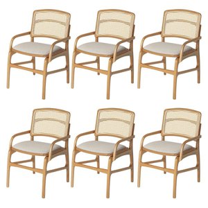Jogo 6 Cadeiras de Jantar Florença Estrutura em Madeira Jequitibá Natural Braço Encosto Palha Linho 