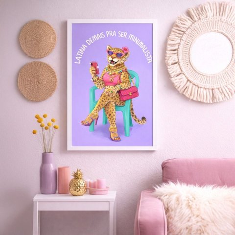 Quadro Onça Latina Demais Minimalista 45x34cm Mold Branca Vidro