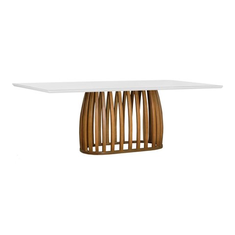 Mesa de Jantar Armonia Base Retangular - Amêndoa - Tampo 200x90cm Branco/vidro Off-white