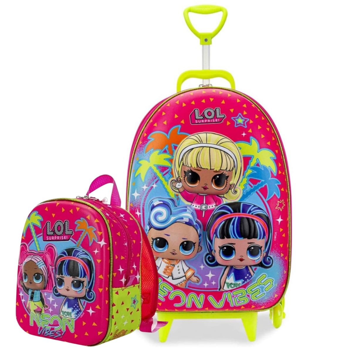 Kit Mochila Rodinhas 3D LOL Neon + Lacheira Maxtoy 3D Rodinhas Fúcsia ...
