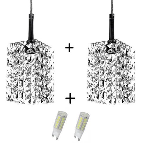 Kit 2 Lustres Pendente Quadrado Clearwall de CrIstal Legitimo com Lâmpadas 3000K (Branco Quente)