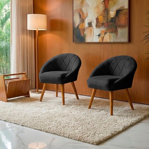 Kit 2 Poltrona Sala Decorativa Louis Veludo Preto Pés Palito Castanho