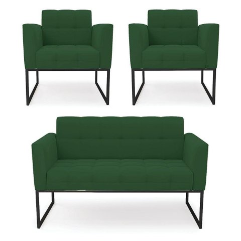 Kit 1 Sofá Namoradeira e 2 Poltronas Elisa Veludo Verde Base Metálica Industrial Preto - D'Rossi
