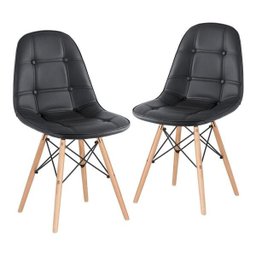 Kit 2 Cadeiras Estofadas Eames Eiffel Botonê - Preto - Base de Madeira Clara - 1