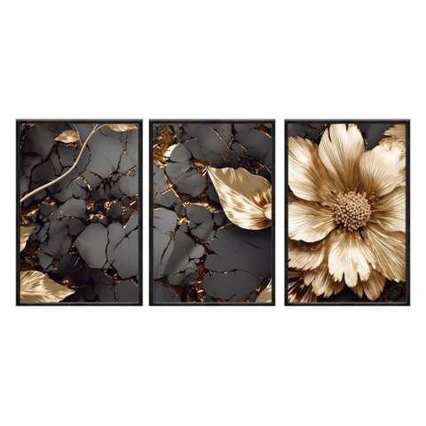Kit 03 Quadros Decorativos - Folhas Ouro Efeito Dourado Nobre Art043-vidro com Impressão Uv-60x80cm