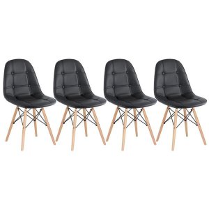 Kit 4 Cadeiras Estofadas Eames Eiffel Botonê - Preto - Base de Madeira Clara