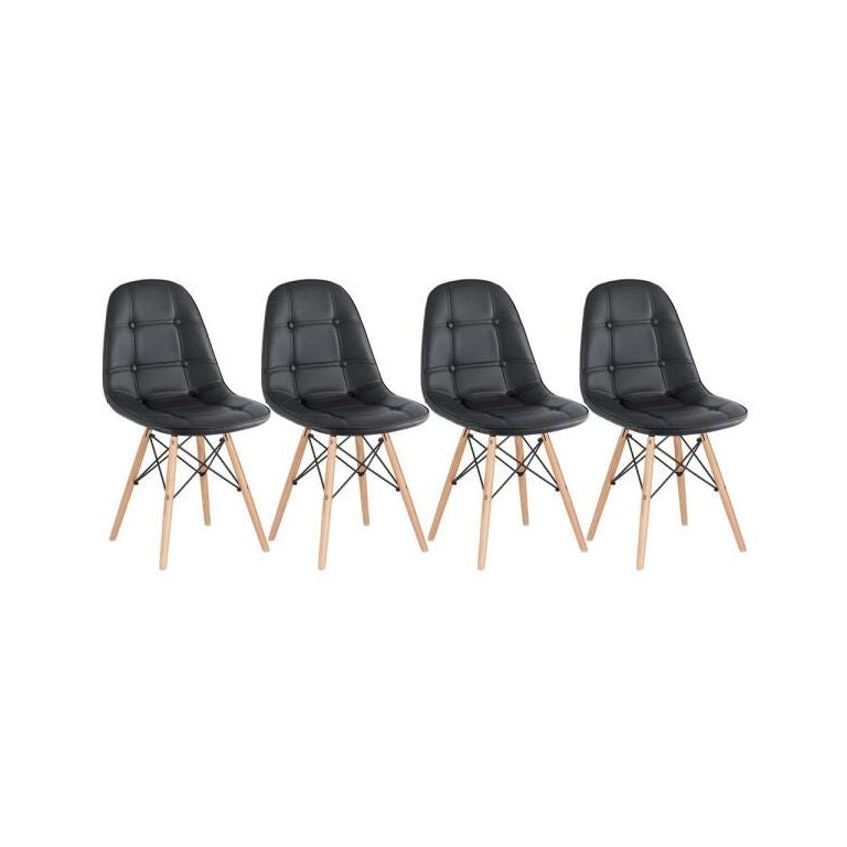 Kit 4 Cadeiras Estofadas Eames Eiffel Botonê - Preto - Base de Madeira Clara