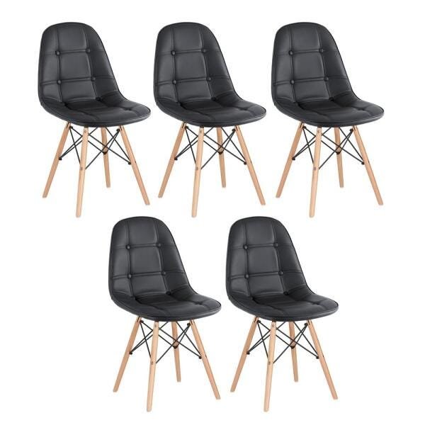 Kit 5 Cadeiras Estofadas Eames Eiffel Botonê - Preto - Base de Madeira Clara