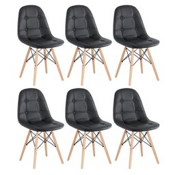 Kit 6 Cadeiras Estofadas Eames Eiffel Botonê - Preto - Base de Madeira Clara - 1