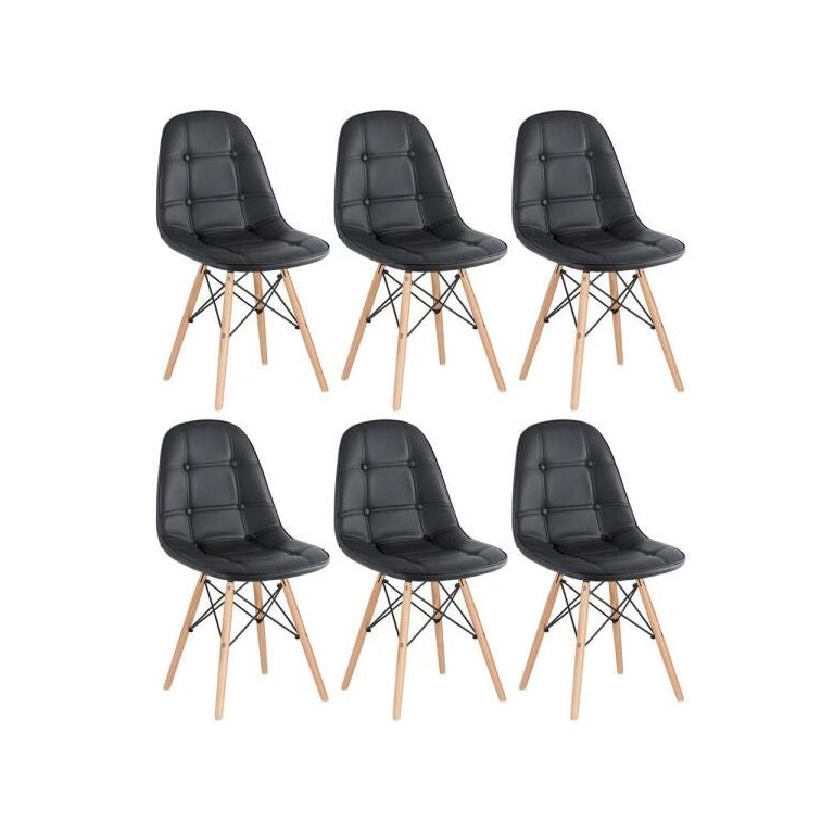 Kit 6 Cadeiras Estofadas Eames Eiffel Botonê - Preto - Base de Madeira Clara