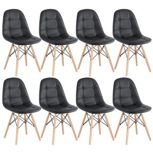 Kit 8 Cadeiras Estofadas Eames Eiffel Botonê - Preto - Base de Madeira Clara