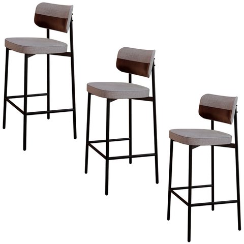 Banqueta Alta Bar Estofada Kit 3 Ella M25 Linho Cinza Cl/café - Mpozenato