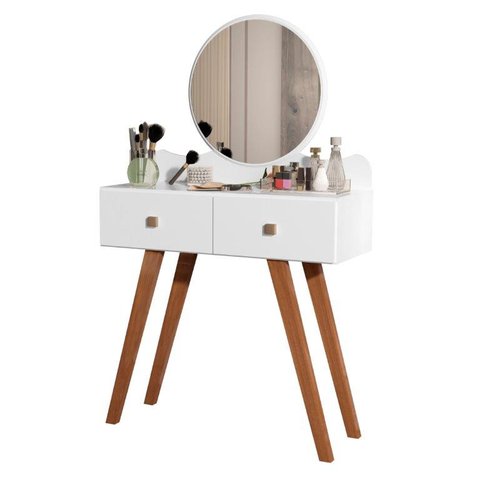 Penteadeira Retrô 2 Gavetas Conde com Espelho Redondo Cor Branca Ultimas Unidades
