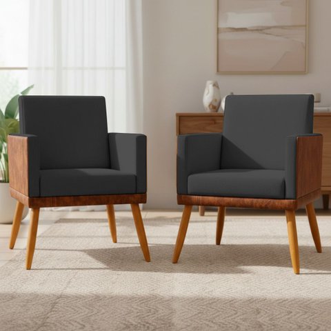 Kit 2 Poltronas Decorativas Lis para Sala Quarto Recepção Linho Terracota Corino Assento Confortável