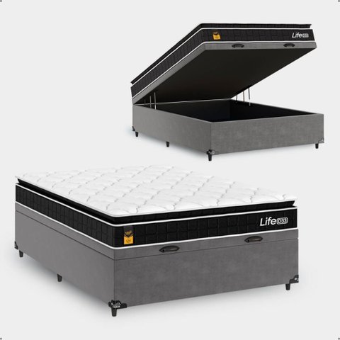 Cama Box Baú Viúva Cinza + Colchão Life D33 Pillow Top 61x128x188cm Preto- e-Shop Casa