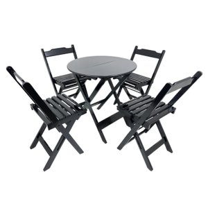 Conjunto Jogo de Mesa 70x70 com 4 Cadeiras Dobráveis Tampo Redondo - Dg Móveis:preto
