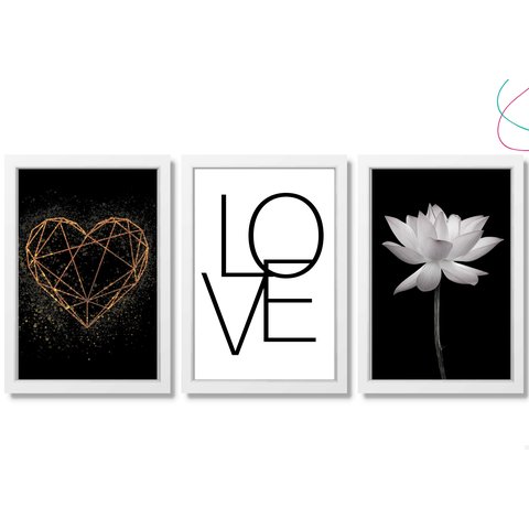 3 Quadros Decorativos - Coração Dourado, Love, Flor de Lótus:branca