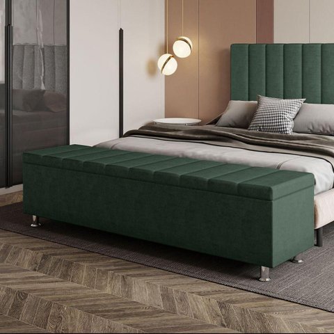 Calçadeira Baú Recamier Estofado Queen 160 Cm Ônix Veludo Verde