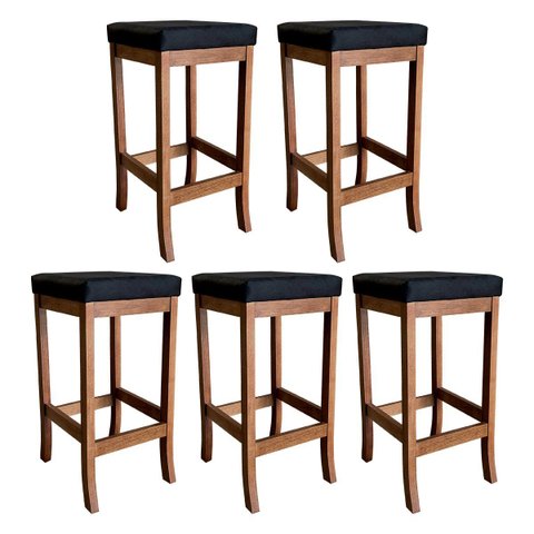 Kit 5 Banquetas Altas Estofadas Barcelona 74 cm Madeira Maciça Suede Preto CCS