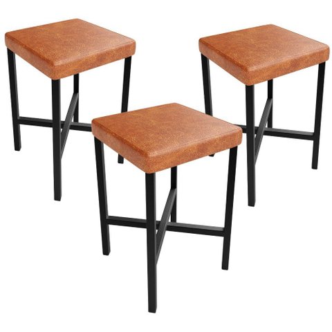 Kit 03 Banquetas Baixa Bar Cozinha Sala de Jantar Preto Stella L02 Couríssimo Camel - Lyam Decor