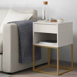 Mesa de Cabeceira Industrial Pé de Aço 1 Gaveta Corrediça Telescópica 1 Nicho - Off White/pé Dourado - 1