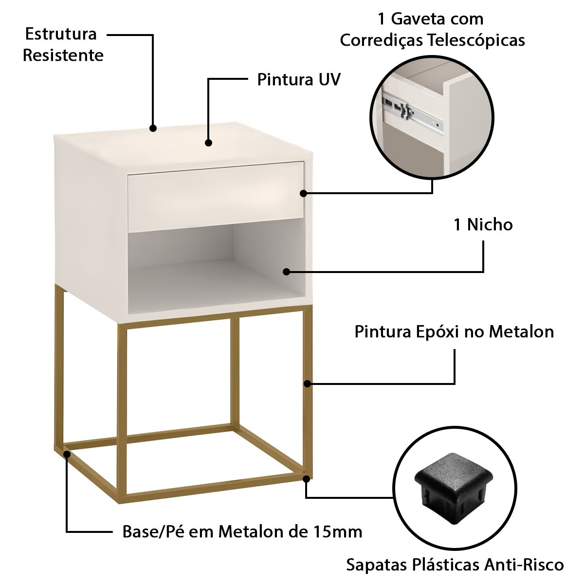 Mesa de Cabeceira Industrial Pé de Aço 1 Gaveta Corrediça Telescópica 1 Nicho - Off White/pé Dourado - 6