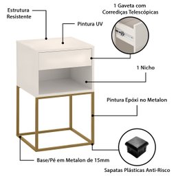Mesa de Cabeceira Industrial Pé de Aço 1 Gaveta Corrediça Telescópica 1 Nicho - Off White/pé Dourado - 7