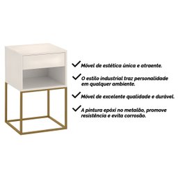 Mesa de Cabeceira Industrial Pé de Aço 1 Gaveta Corrediça Telescópica 1 Nicho - Off White/pé Dourado - 8