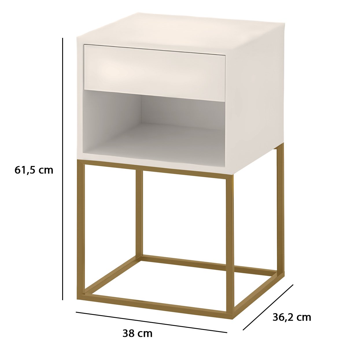 Mesa de Cabeceira Industrial Pé de Aço 1 Gaveta Corrediça Telescópica 1 Nicho - Off White/pé Dourado - 5