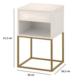 Mesa de Cabeceira Industrial Pé de Aço 1 Gaveta Corrediça Telescópica 1 Nicho - Off White/pé Dourado - 6