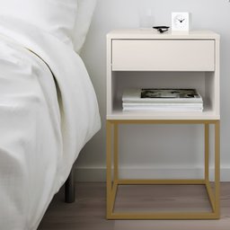 Mesa de Cabeceira Industrial Pé de Aço 1 Gaveta Corrediça Telescópica 1 Nicho - Off White/pé Dourado - 12