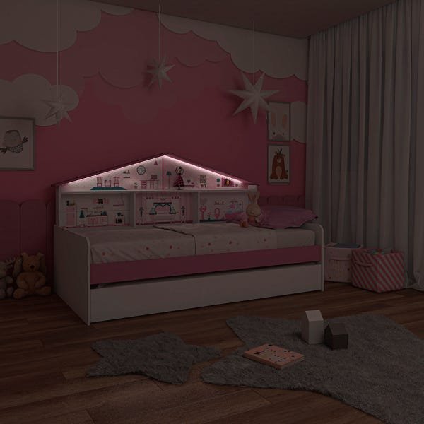 Cama Infantil Casa de Boneca com Cama Auxiliar e Luz/LED Pura Magia