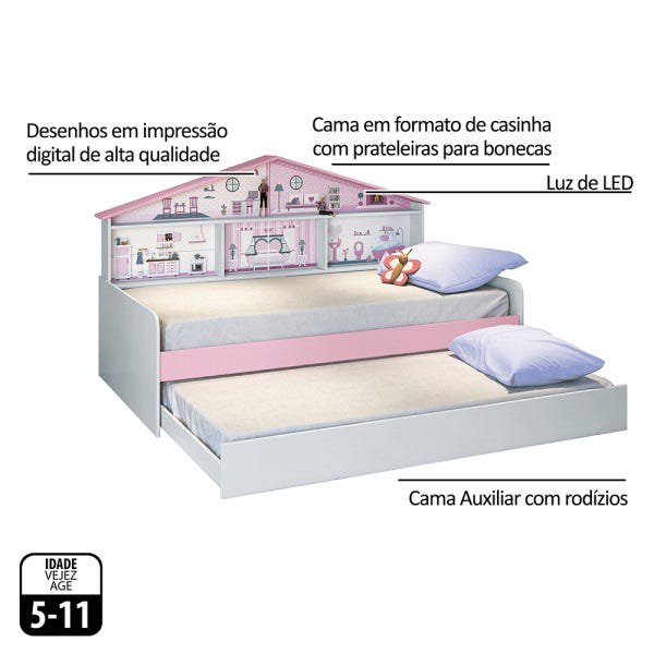Cama Infantil Casa de Boneca com Cama Auxiliar e Luz/LED Pura Magia - 7