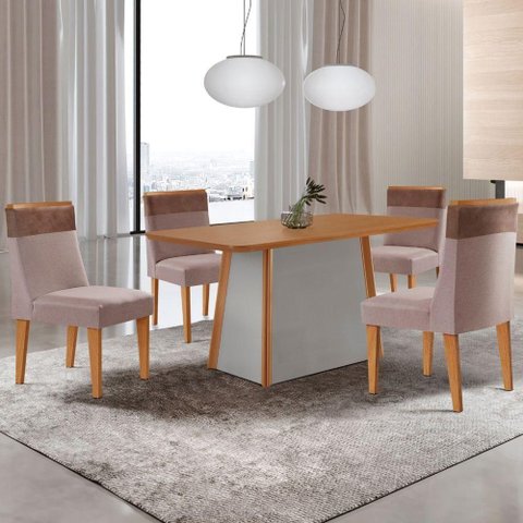 Mesa de Jantar Diane 120cm Tampo MDF Lam 4 Cadeiras Andes Moderna Linho Capuccino Tork Naturale Off