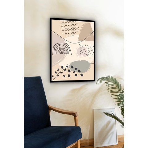 Quadro Decorativo Abstrato Formas Bege Preto - 70x50cm:moldura Preta