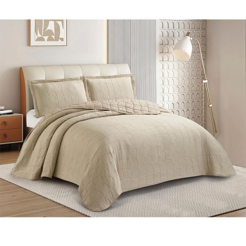 Kit Cobre Leito Colcha Anarruga 3 Peças Casal 220x240cm Bege Sonhare