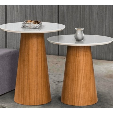 Conjunto Mesa de Canto Base Cone Laminado e Tampo Redondo Off White 60 e 70 Cm