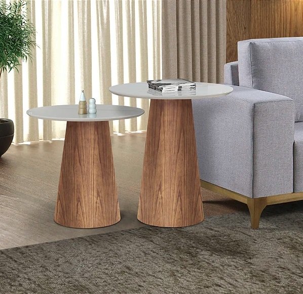 Conjunto Mesa de Canto Base Cone Laminado e Tampo Redondo Off White 60 e 70 Cm - 3