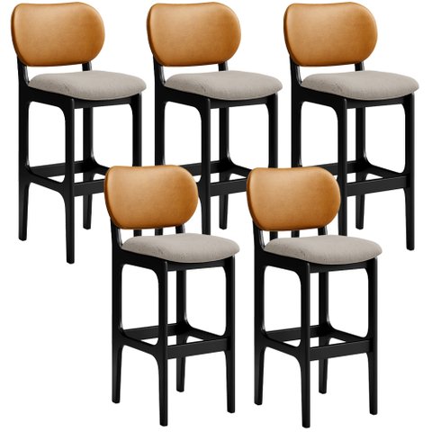Kit 5 Banquetas Alta Bar Cozinha Jantar Betta L02 Preto Couríssimo Whisky Linho Bege - Lyam Decor