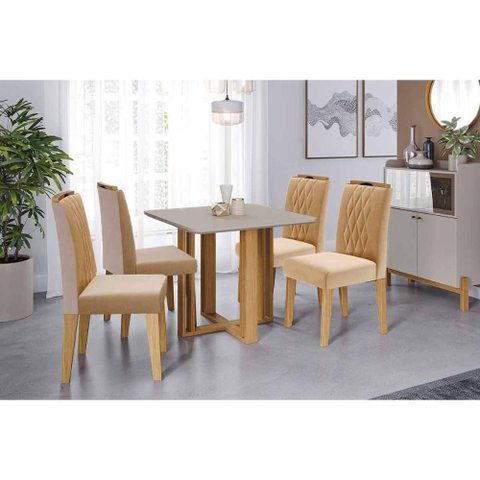 Sala de Jantar Completa Flora Tampo Madeirado C/ Vidro 95x95cm e 4 Cadeiras Juliana Cinamomo/off