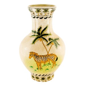 Vaso em cerâmica Craquelê, com pintura de uma zebra, coqueiros e natureza