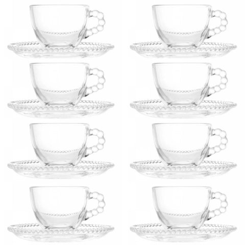 Jogo 16 Peças Xícaras Café e Pires 80ml Vidro Pearl Wolff Ch