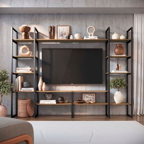 Estante para Tv 55 Polegadas 185cmx30cm em Ferro com Mdf Estilo Industrial Madrid