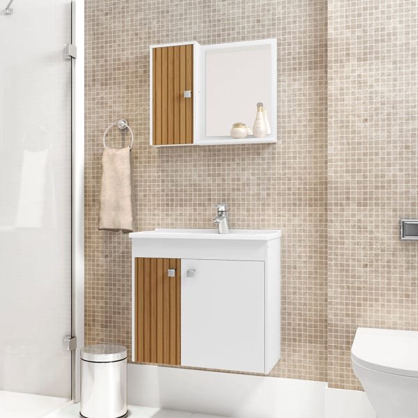 Gabinete para Banheiro com Cuba e Espelho Munique Móveis Bechara Branco Ripado - 1
