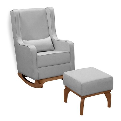 Poltrona Amamentação Balanço Retro Base Madeira com Puff Valentina Linho Cinza - Mirra Decor