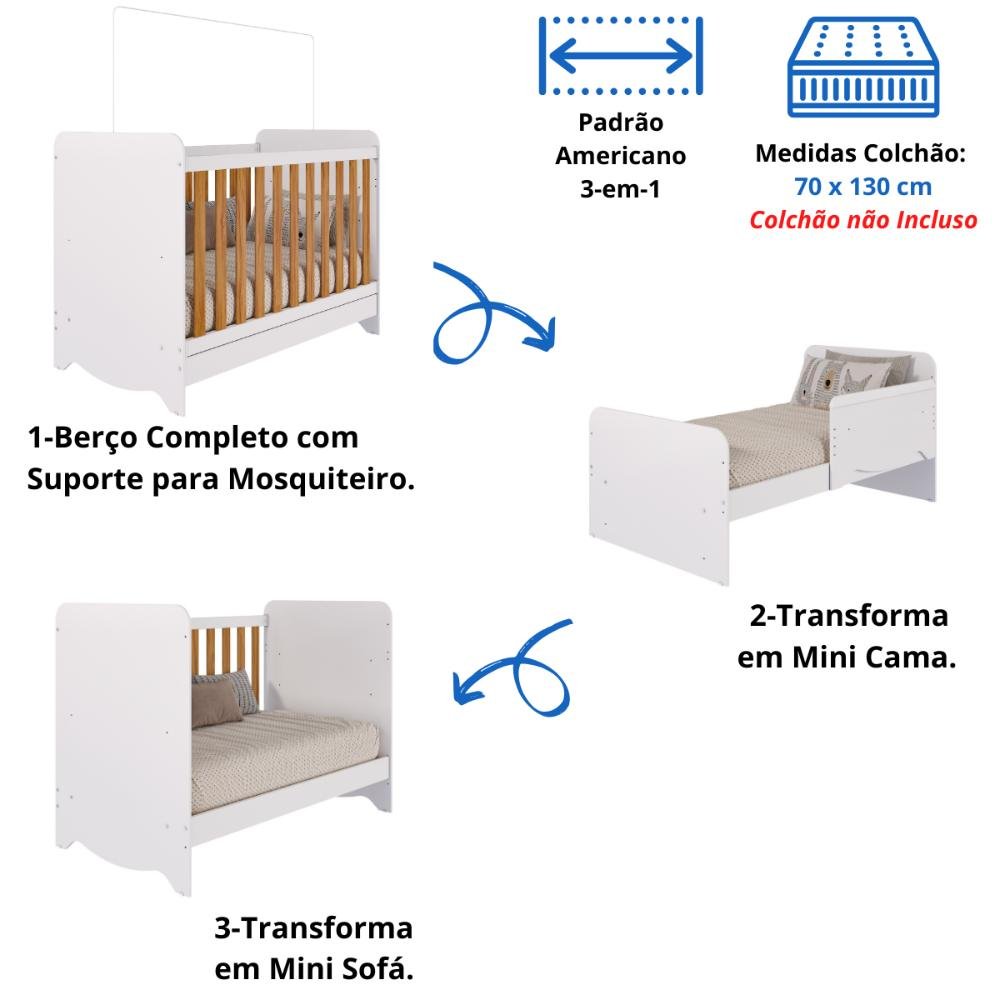 Berço Americano Ben 3 em 1 Mini Cama Mini Sofa Branco Carvalho Móveis Peroba - 3