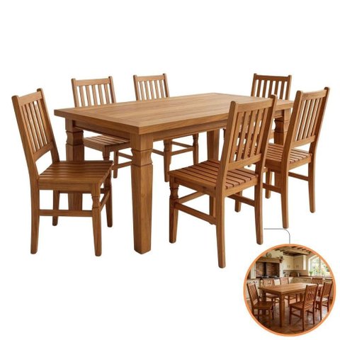 Jogo de Mesa Jantar Mesa Mineira 6 Lugares Tampo em Madeira Maciça Peroba Rosa 160cm