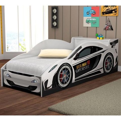 Cama Carro Solteiro Com Baú e Grade de Proteção Branco
