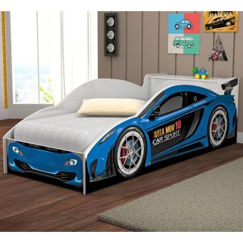 Cama Carro Solteiro Com Baú e Grade de Proteção Azul